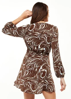 Women's Mini Dress with Long Sleeves and Tie Waist in Brown - Stylish Scribble Print by Liquorish