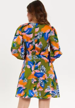 Women's Mini Dress with Long Balloon Sleeves in Olive - Abstract Leaf Print with V-Neck and Satin Shimmer Fabric by Liquorish