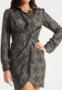 Women's Mini Dress with Long Sleeves and Twisted Front Detail in Khaki - Leopard Star Print by Liquorish