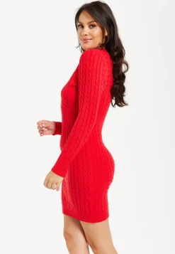 Women's Mini Dress with Long Sleeves and Unique Cut Out Front in Red - Cable Knit Style by Liquorish