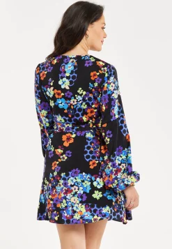 Women's Mini Dress with Long Balloon Sleeves in Orange and Blue Speckle Floral Print – Wrap Design by Liquorish