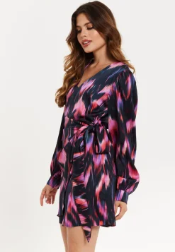 Women's Mini Dress with Long Balloon Sleeves in Black and Pink Abstract Print, Featuring Wrap Design and Side Leg Slit, Liquorish