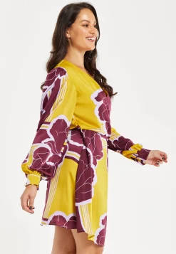 Women's Mini Dress with Long Balloon Sleeves in Yellow and Burgundy Geometric Floral Print - Liquorish