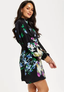 Women's Mini Dress with Long Balloon Sleeves in Floral Print and Cut Out Detail - Elegant Black and Multi-Colored Design by Liquorish