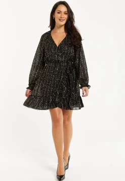 Women's Mini Dress with Long Sleeves in Gold Chiffon - Stylish Wrap Design, Perfect for Any Occasion - Liquorish