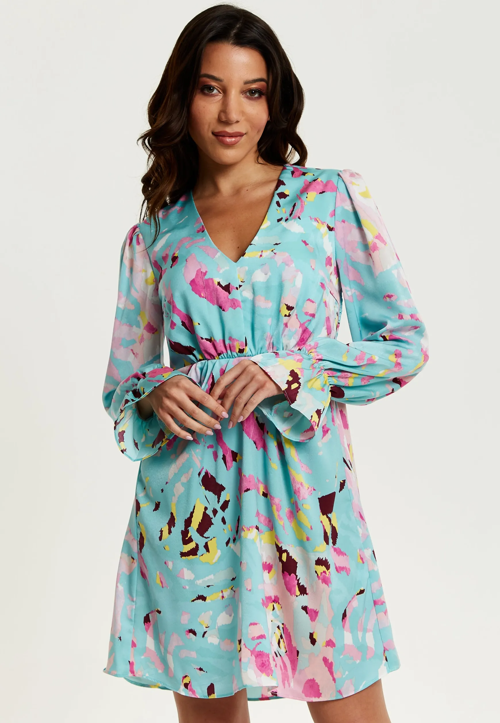 Women's Mini Dress with Long Sleeves, Blue Abstract Print, Open Back Design, Chic & Flattering - Liquorish