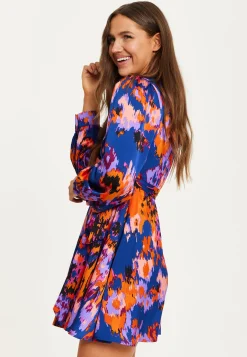 Women's Mini Dress with Long Sleeves in Navy Featuring Abstract Print Wrap Style by Liquorish