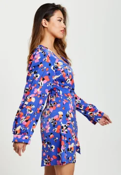 Women's Mini Dress with Long Balloon Sleeves in Multicolour Abstract Dot Print - Elegant Wrap Style by Liquorish
