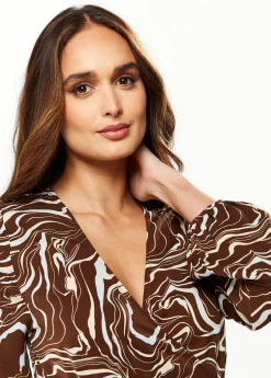 Women's Mini Dress with Long Sleeves and Tie Waist in Brown - Stylish Scribble Print by Liquorish