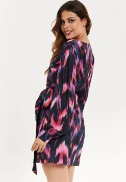 Women's Mini Dress with Long Balloon Sleeves in Black and Pink Abstract Print, Featuring Wrap Design and Side Leg Slit, Liquorish
