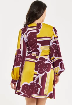 Women's Mini Dress with Long Balloon Sleeves in Yellow and Burgundy Geometric Floral Print - Liquorish