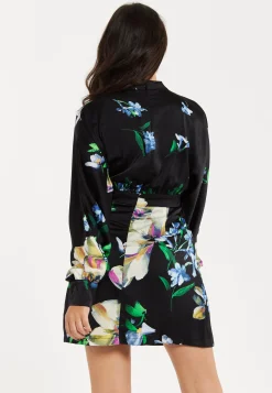 Women's Mini Dress with Long Balloon Sleeves in Floral Print and Cut Out Detail - Elegant Black and Multi-Colored Design by Liquorish