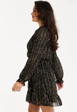 Women's Mini Dress with Long Sleeves in Gold Chiffon - Stylish Wrap Design, Perfect for Any Occasion - Liquorish