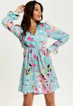 Women's Mini Dress with Long Sleeves, Blue Abstract Print, Open Back Design, Chic & Flattering - Liquorish