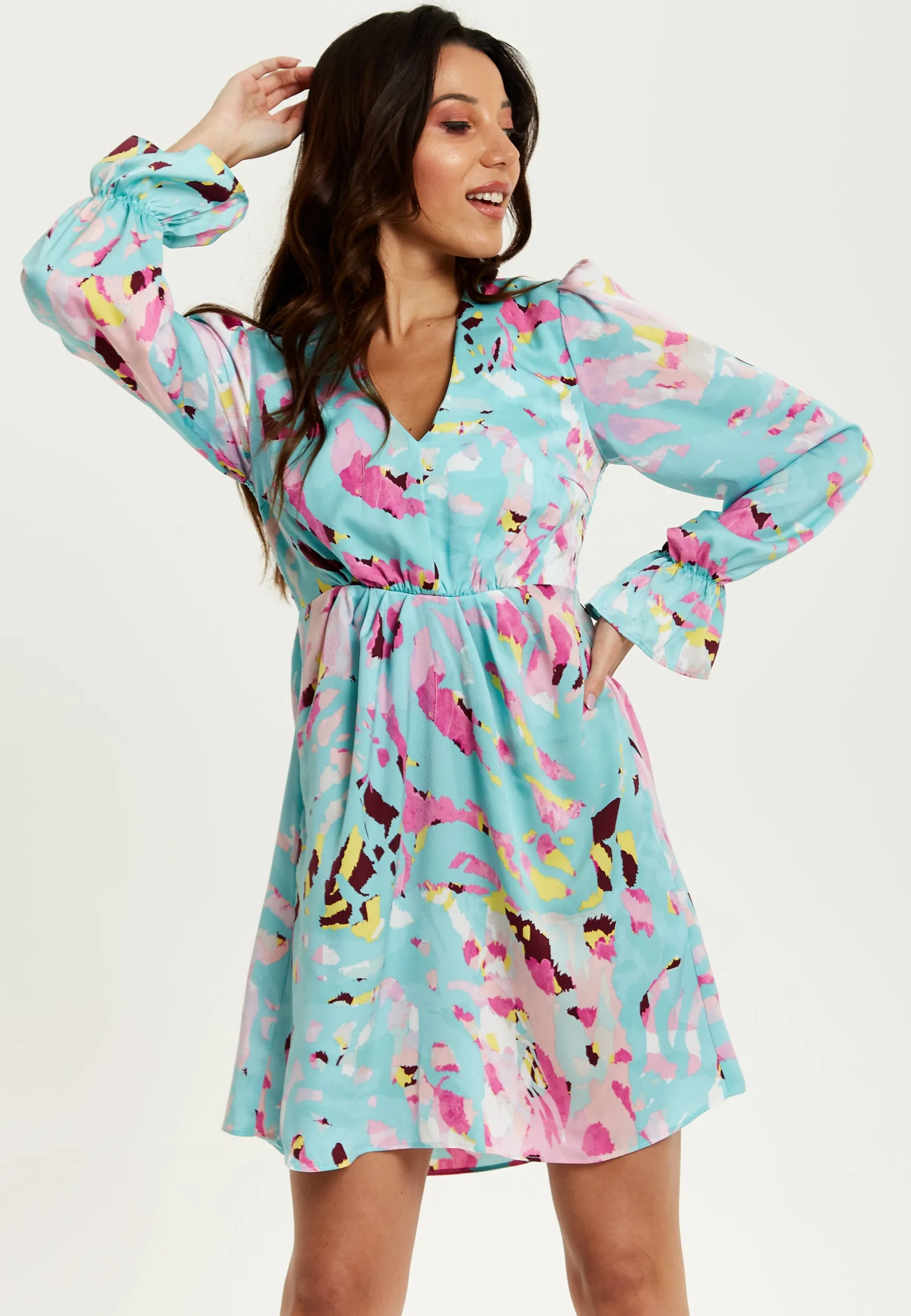 Women's Mini Dress with Long Sleeves, Blue Abstract Print, Open Back Design, Chic & Flattering - Liquorish