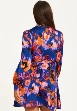 Women's Mini Dress with Long Sleeves in Navy Featuring Abstract Print Wrap Style by Liquorish