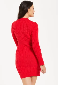 Women's Mini Dress with Long Sleeves and Unique Cut Out Front in Red - Cable Knit Style by Liquorish