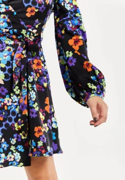 Women's Mini Dress with Long Balloon Sleeves in Orange and Blue Speckle Floral Print – Wrap Design by Liquorish