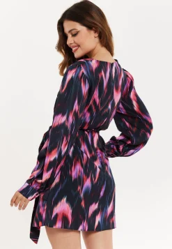 Women's Mini Dress with Long Balloon Sleeves in Black and Pink Abstract Print, Featuring Wrap Design and Side Leg Slit, Liquorish