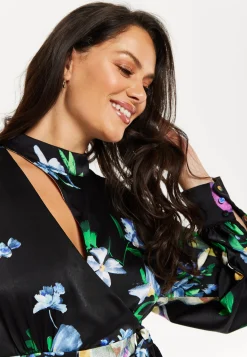 Women's Mini Dress with Long Balloon Sleeves in Floral Print and Cut Out Detail - Elegant Black and Multi-Colored Design by Liquorish