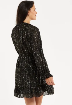 Women's Mini Dress with Long Sleeves in Gold Chiffon - Stylish Wrap Design, Perfect for Any Occasion - Liquorish