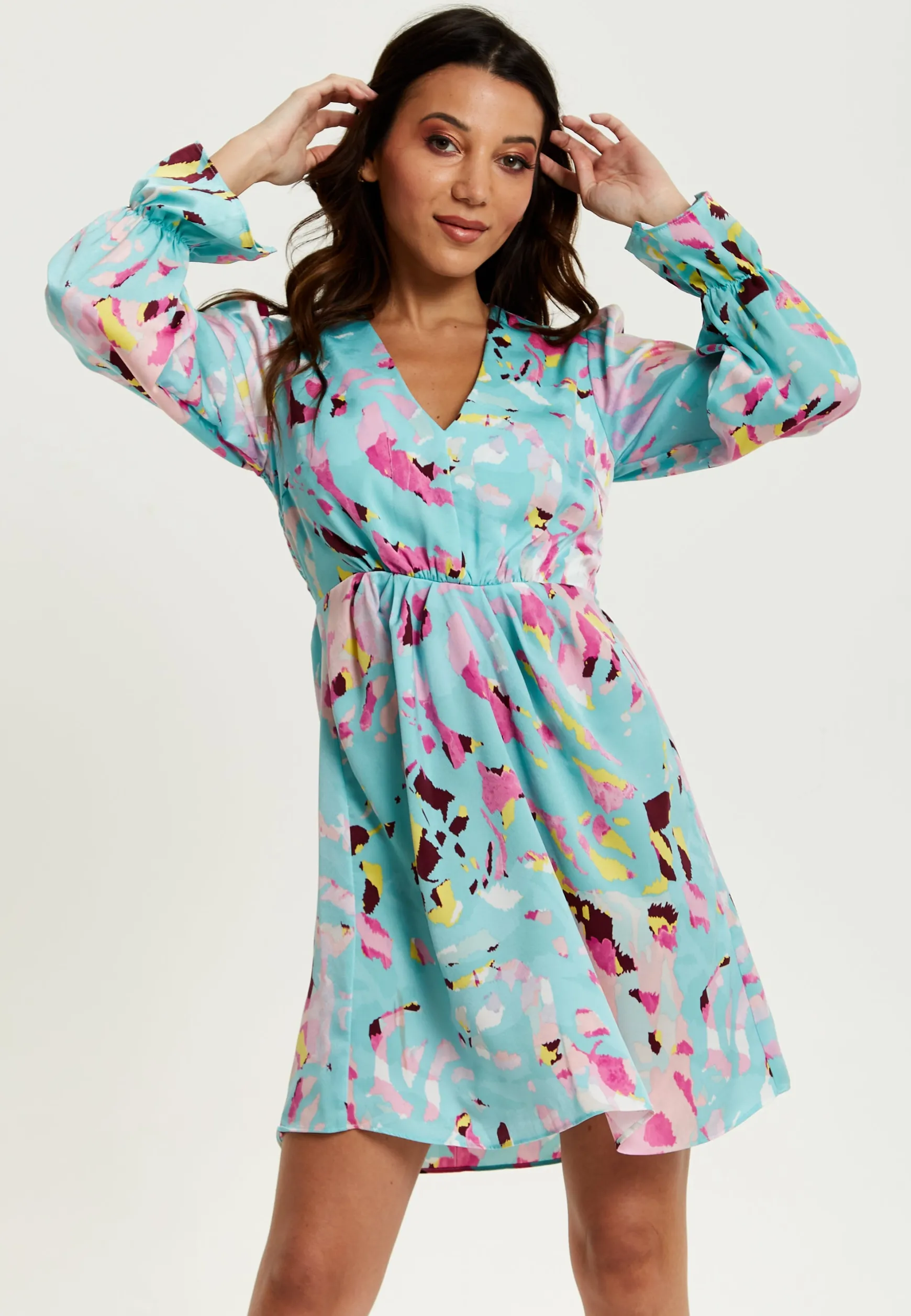 Women's Mini Dress with Long Sleeves, Blue Abstract Print, Open Back Design, Chic & Flattering - Liquorish