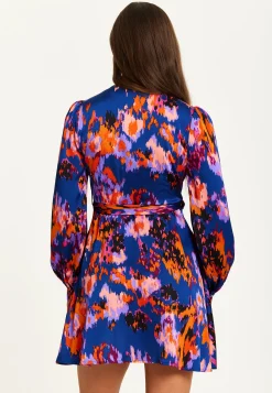 Women's Mini Dress with Long Sleeves in Navy Featuring Abstract Print Wrap Style by Liquorish
