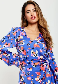 Women's Mini Dress with Long Balloon Sleeves in Multicolour Abstract Dot Print - Elegant Wrap Style by Liquorish