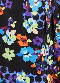 Women's Mini Dress with Long Balloon Sleeves in Orange and Blue Speckle Floral Print – Wrap Design by Liquorish