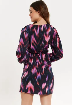 Women's Mini Dress with Long Balloon Sleeves in Black and Pink Abstract Print, Featuring Wrap Design and Side Leg Slit, Liquorish
