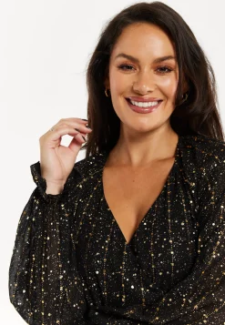 Women's Mini Dress with Long Sleeves in Gold Chiffon - Stylish Wrap Design, Perfect for Any Occasion - Liquorish