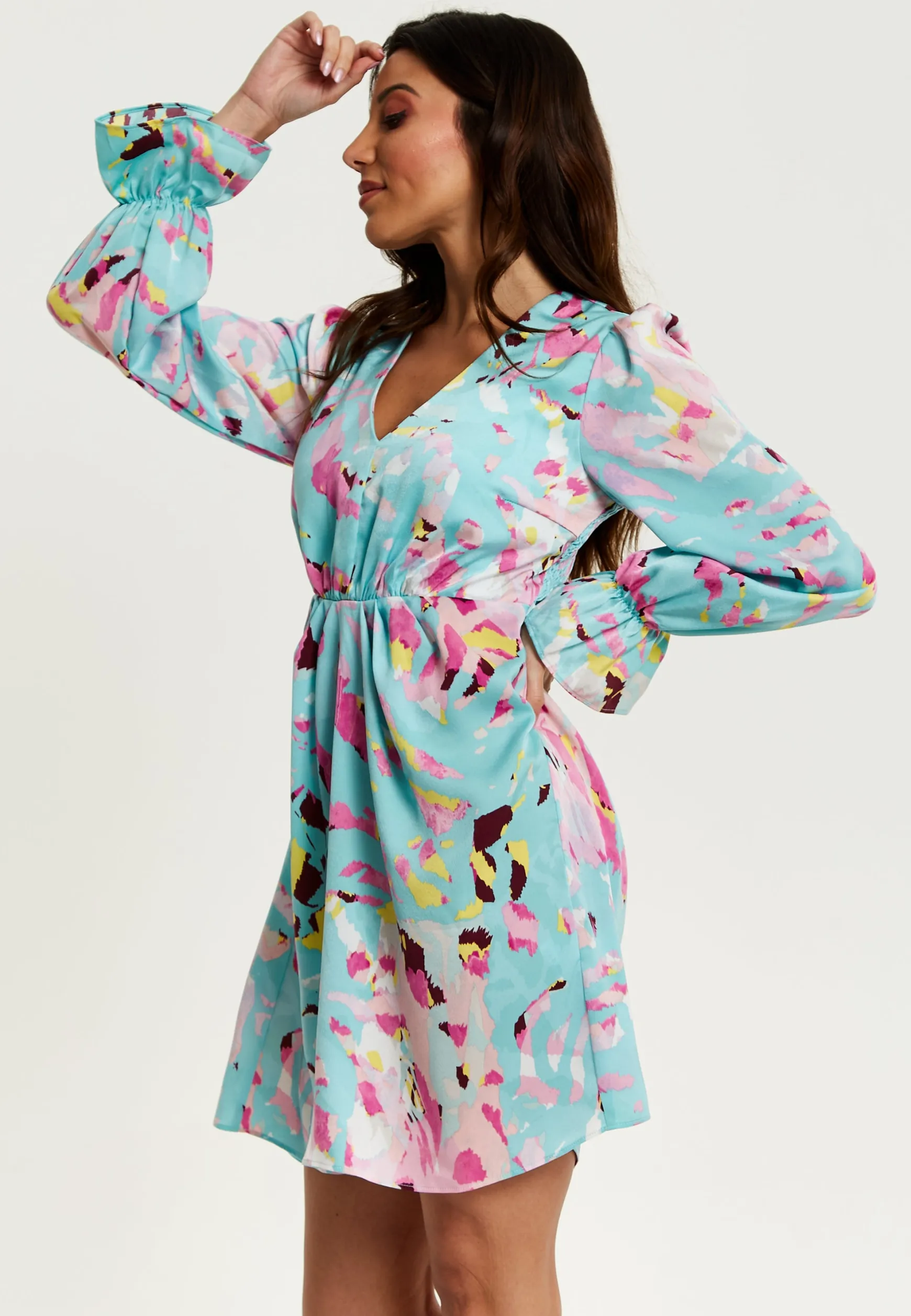 Women's Mini Dress with Long Sleeves, Blue Abstract Print, Open Back Design, Chic & Flattering - Liquorish