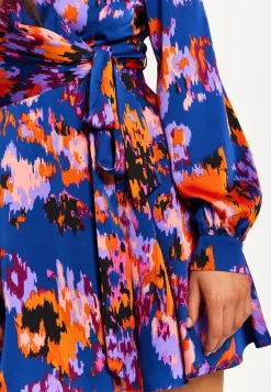 Women's Mini Dress with Long Sleeves in Navy Featuring Abstract Print Wrap Style by Liquorish