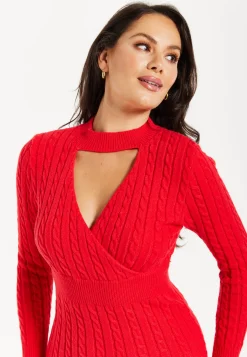 Women's Mini Dress with Long Sleeves and Unique Cut Out Front in Red - Cable Knit Style by Liquorish