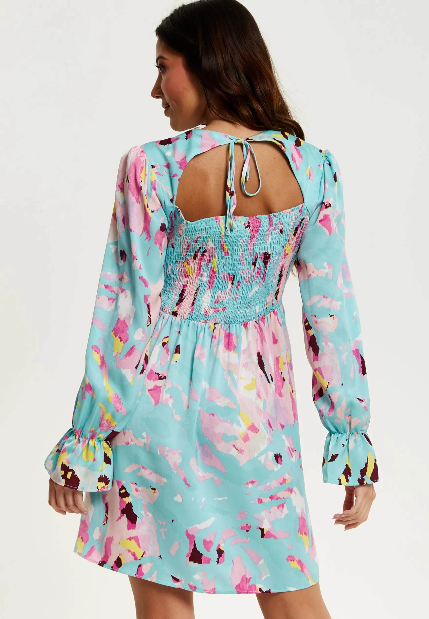Women's Mini Dress with Long Sleeves, Blue Abstract Print, Open Back Design, Chic & Flattering - Liquorish