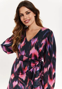 Women's Mini Dress with Long Balloon Sleeves in Black and Pink Abstract Print, Featuring Wrap Design and Side Leg Slit, Liquorish