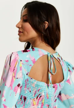 Women's Mini Dress with Long Sleeves, Blue Abstract Print, Open Back Design, Chic & Flattering - Liquorish