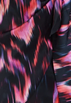 Women's Mini Dress with Long Balloon Sleeves in Black and Pink Abstract Print, Featuring Wrap Design and Side Leg Slit, Liquorish