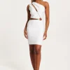 Women's Mini Dress with One Shoulder Design and Cut Out Diamond Detail in White, Perfectly Fitted, by Liquorish