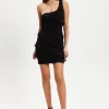 Women's Mini Dress with One Shoulder Design and Diagonal Ruffle Detail in Black - Liquorish