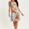 Women's Mini Dress with One Shoulder Style and Frill Details in Multicolour Floral Print - Liquorish