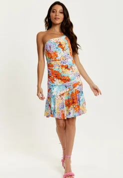 Women's Mini Dress with One Shoulder Style and Frill Details in Multicolour Floral Print - Liquorish