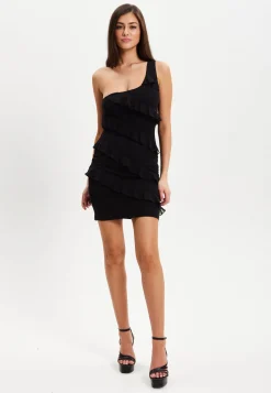 Women's Mini Dress with One Shoulder Design and Diagonal Ruffle Detail in Black - Liquorish