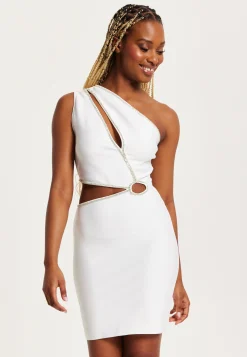 Women's Mini Dress with One Shoulder Design and Cut Out Diamond Detail in White, Perfectly Fitted, by Liquorish