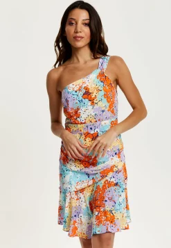 Women's Mini Dress with One Shoulder Style and Frill Details in Multicolour Floral Print - Liquorish