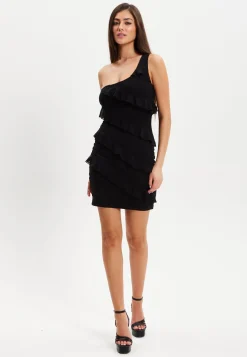 Women's Mini Dress with One Shoulder Design and Diagonal Ruffle Detail in Black - Liquorish