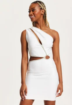 Women's Mini Dress with One Shoulder Design and Cut Out Diamond Detail in White, Perfectly Fitted, by Liquorish
