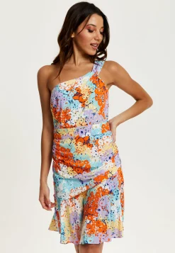 Women's Mini Dress with One Shoulder Style and Frill Details in Multicolour Floral Print - Liquorish