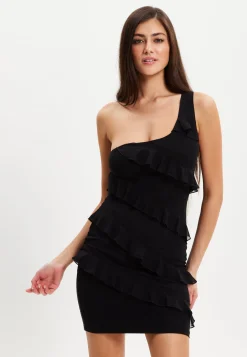 Women's Mini Dress with One Shoulder Design and Diagonal Ruffle Detail in Black - Liquorish