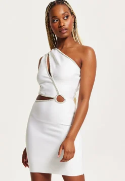 Women's Mini Dress with One Shoulder Design and Cut Out Diamond Detail in White, Perfectly Fitted, by Liquorish